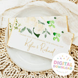 Personalized wedding chocolate bar wrapper with cream roses, green leaves, and Thank You text