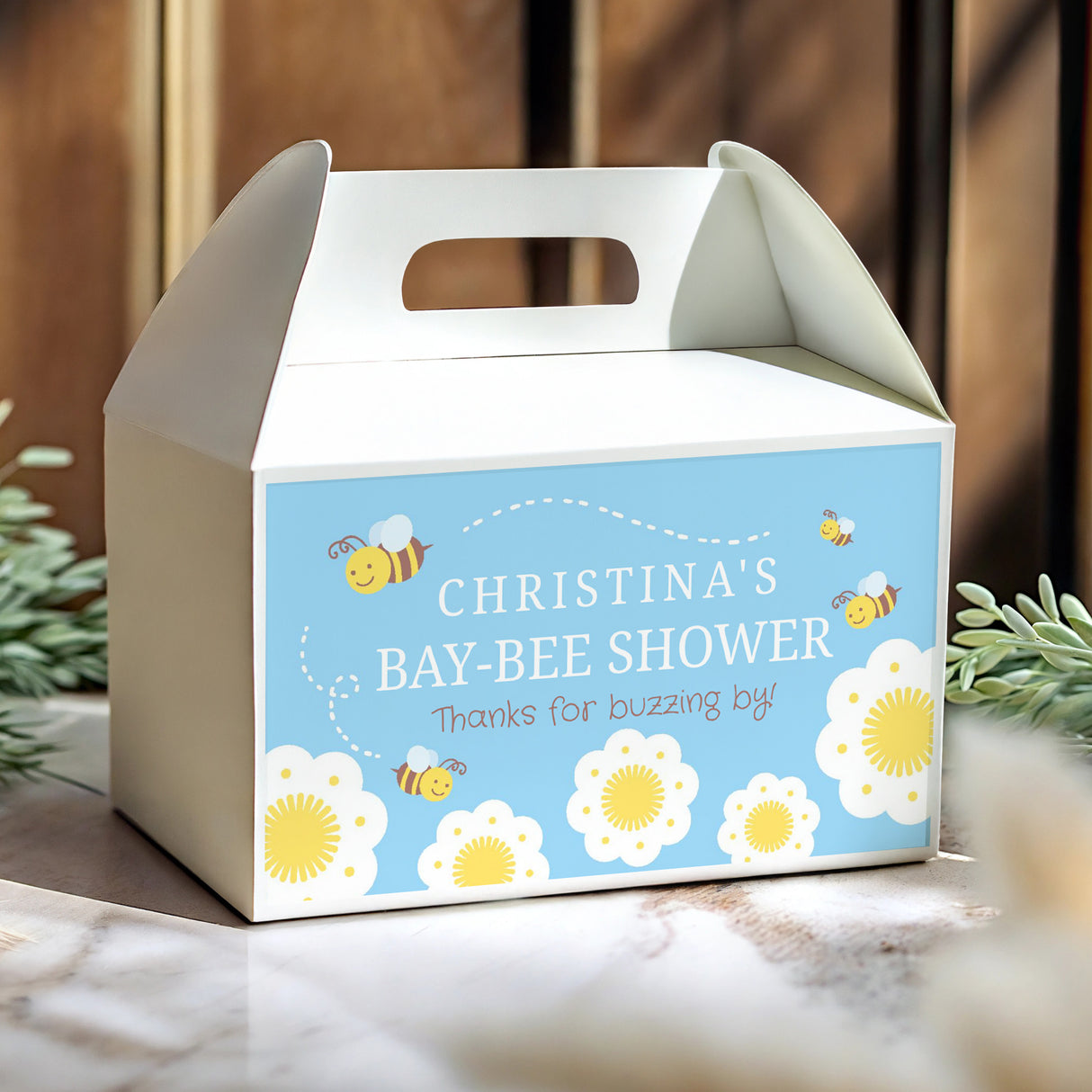 Christina's blue bee baby shower gable favour box, illustrated front with flowers