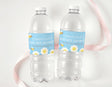 Two clear plastic water bottles with white caps, blue personalized bee shower labels