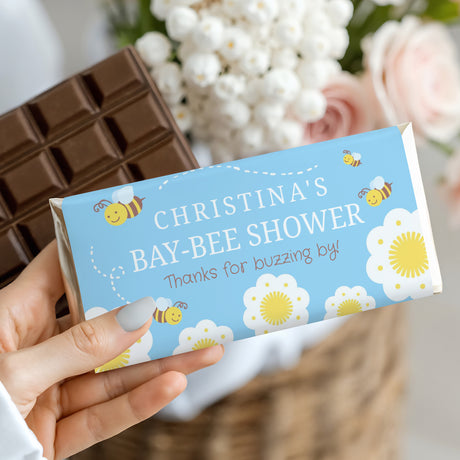 Personalized blue bee-themed baby shower chocolate bar wrapper, Christina's Day-Bee Shower