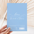 Baby blue wedding chocolate wrapper with “Love” text and names Michelle & Thomas
