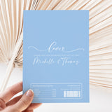 Baby blue wedding chocolate wrapper with “Love” text and names Michelle & Thomas