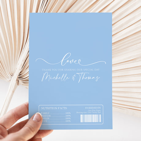 Baby blue wedding chocolate wrapper with “Love” text and names Michelle & Thomas