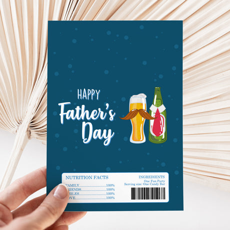 Blue Father's Day chocolate wrapper with beer bottle graphic, nutrition label and barcode