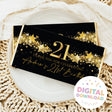 Chocolate bar gift wrapper, black with gold stars and large '21' birthday text.
