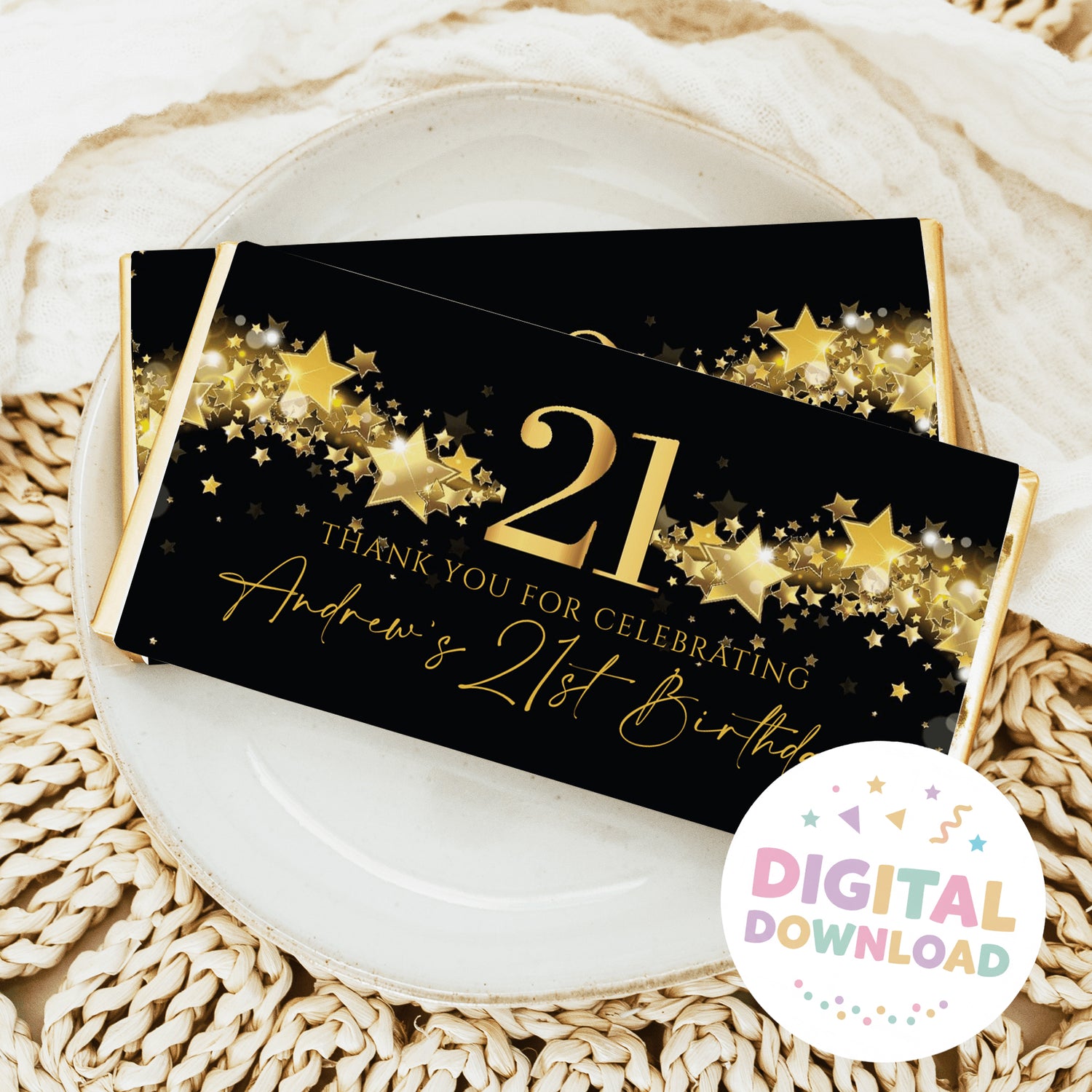 Chocolate bar gift wrapper, black with gold stars and large '21' birthday text.