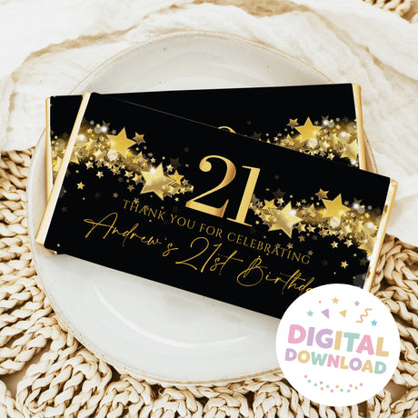 Chocolate bar gift wrapper, black with gold stars and large '21' birthday text.