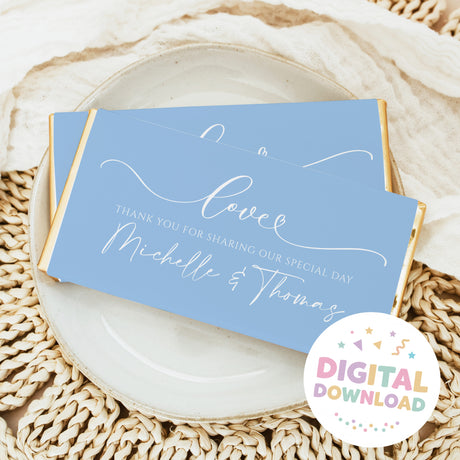 Blue wedding thank-you chocolate bar wrapper with Love script and names text