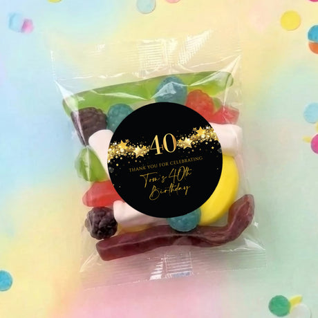 Personalised 40th birthday lolly bag with black-and-gold star label and mixed sweets.