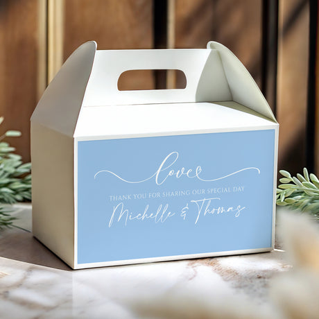 Blue wedding gable favour box with love text and personalised thanks message