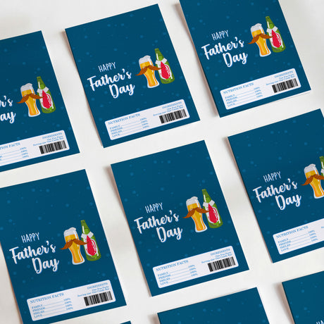 Set of blue Father's Day chocolate wrappers with beer bottle graphics and barcodes