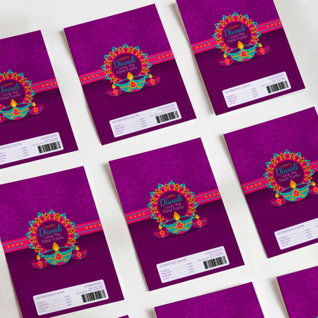 Purple Diwali chocolate wrapper DIY sheets with colorful festival medallion and barcode labels
