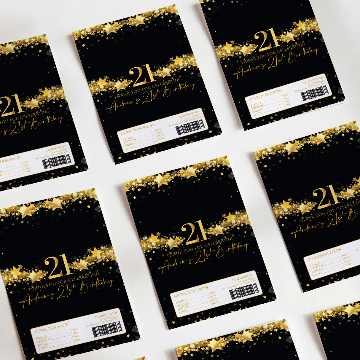 Black and gold 21st birthday DIY printed chocolate wrappers with star pattern and “21” text