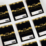Black and gold 21st birthday DIY printed chocolate wrappers with star pattern and “21” text