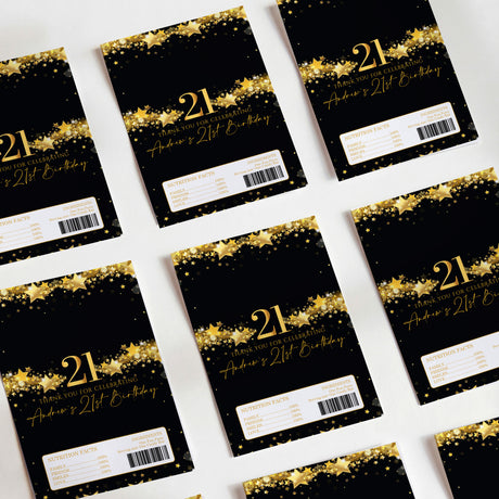 Black and gold 21st birthday DIY printed chocolate wrappers with star pattern and “21” text