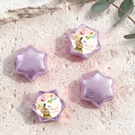 Personalised foil-covered chocolate star with floral bunny label, lavender/purple