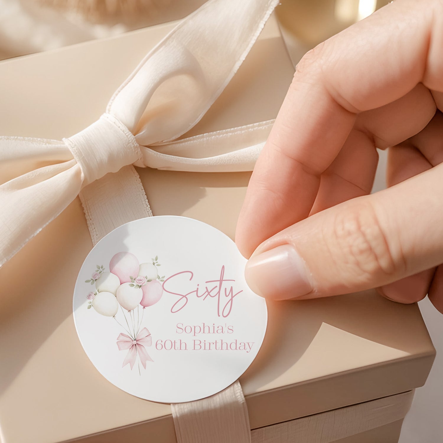 Balloons Bow 60th Birthday Round Printed Labels