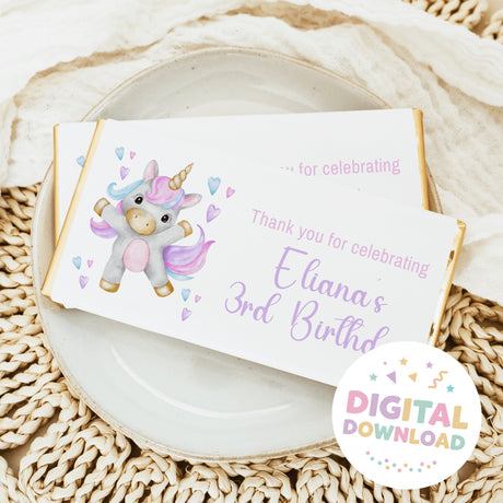 Chocolate bar wrapper with unicorn, hearts, and '3rd Birthday' text
