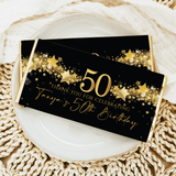 Black chocolate bar wrapper with gold stars and “50” birthday celebration text