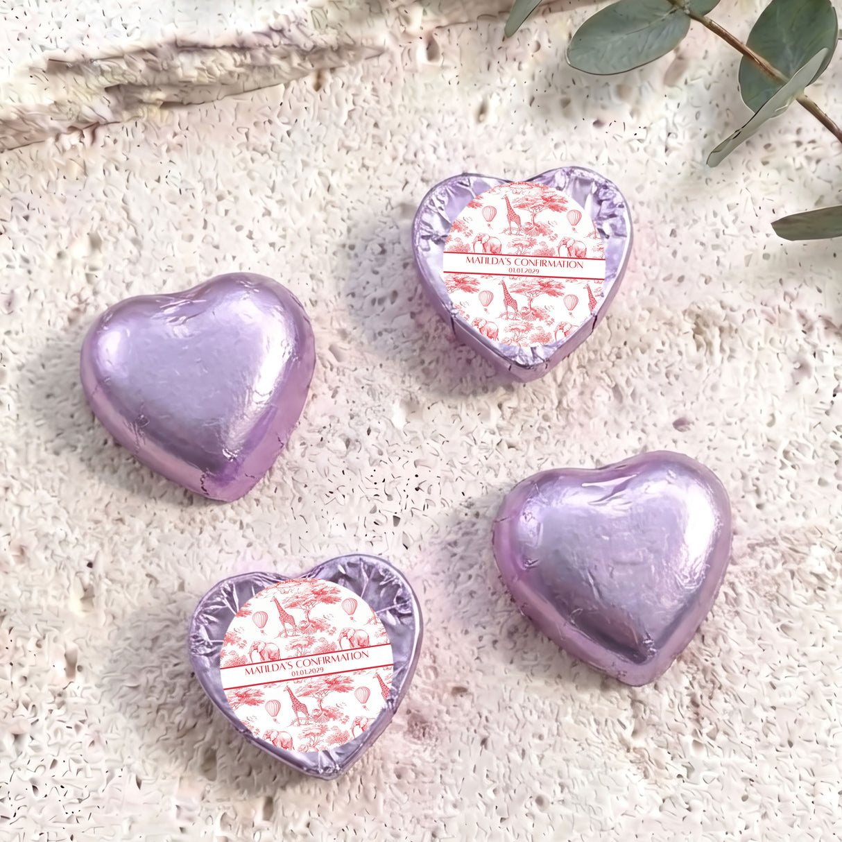 Red Safari Toile Confirmation Personalised Foil Covered Chocolate Hearts