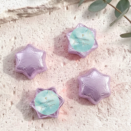 Lavender foil star chocolates with cross label, set of four foil-wrapped stars