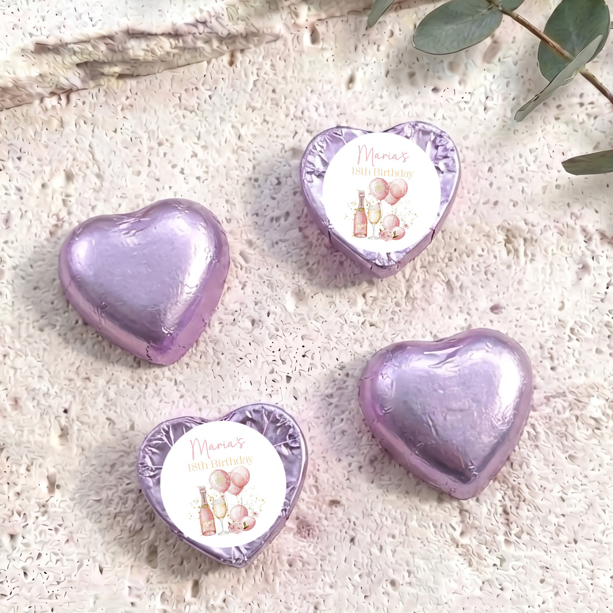 Pink Champagne 18th Birthday Personalised Foil Covered Chocolate Hearts