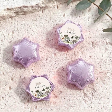 Jungle safari “A Wild One” foil-covered chocolate star set in purple