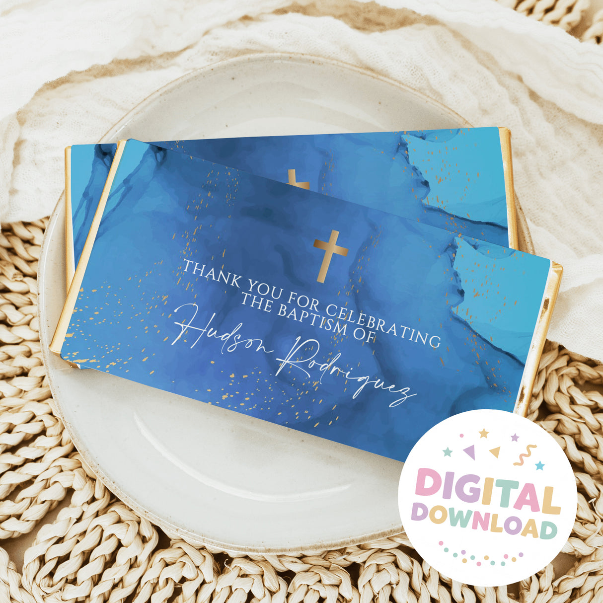 Custom baptism chocolate bar wrapper set, blue marble with gold cross and thank-you text