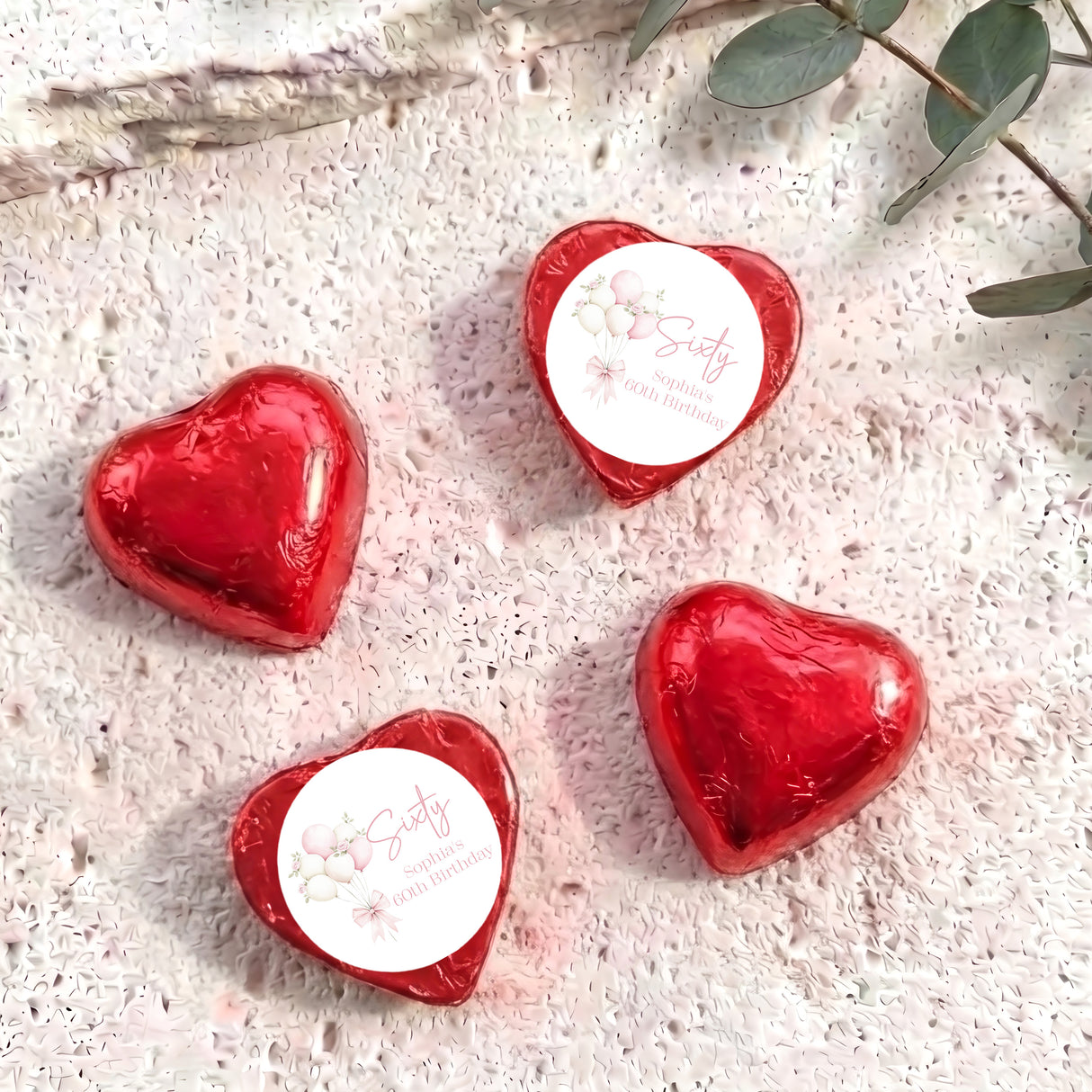 Balloons Bow 60th Birthday Personalised Foil Covered Chocolate Hearts