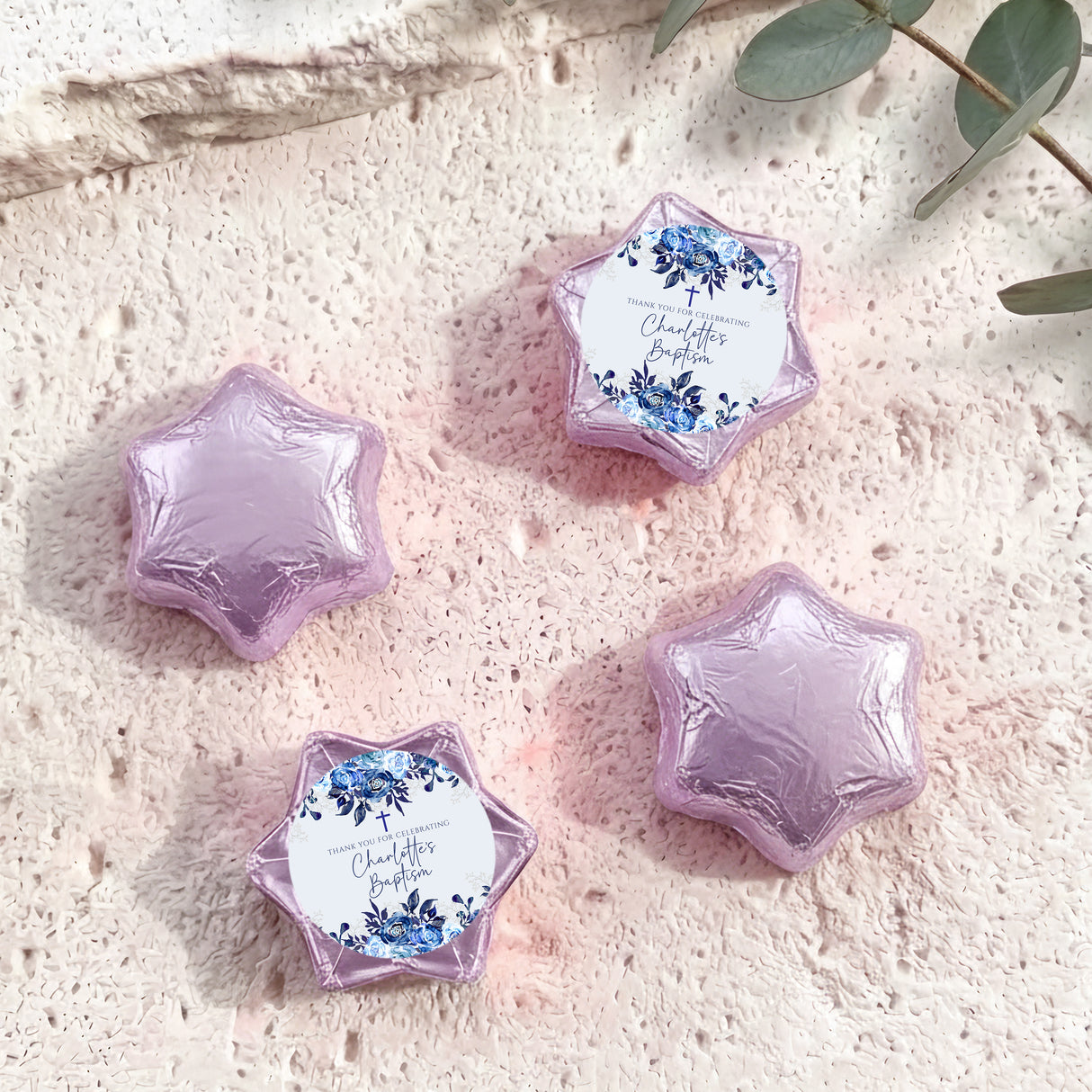 Baptism foil chocolate stars: blue floral thank-you label on lilac/purple star