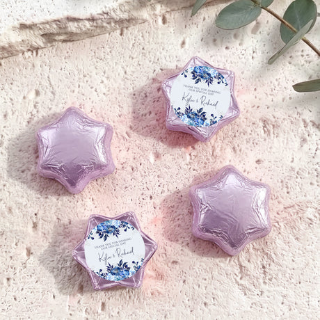 Foil chocolate star favours, lilac purple foil with blue floral personalised message card