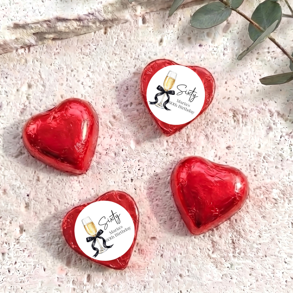 Champagne 60th Birthday Personalised Foil Covered Chocolate Hearts