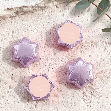 Lavender foil chocolate stars with cross emblem and personalised round label
