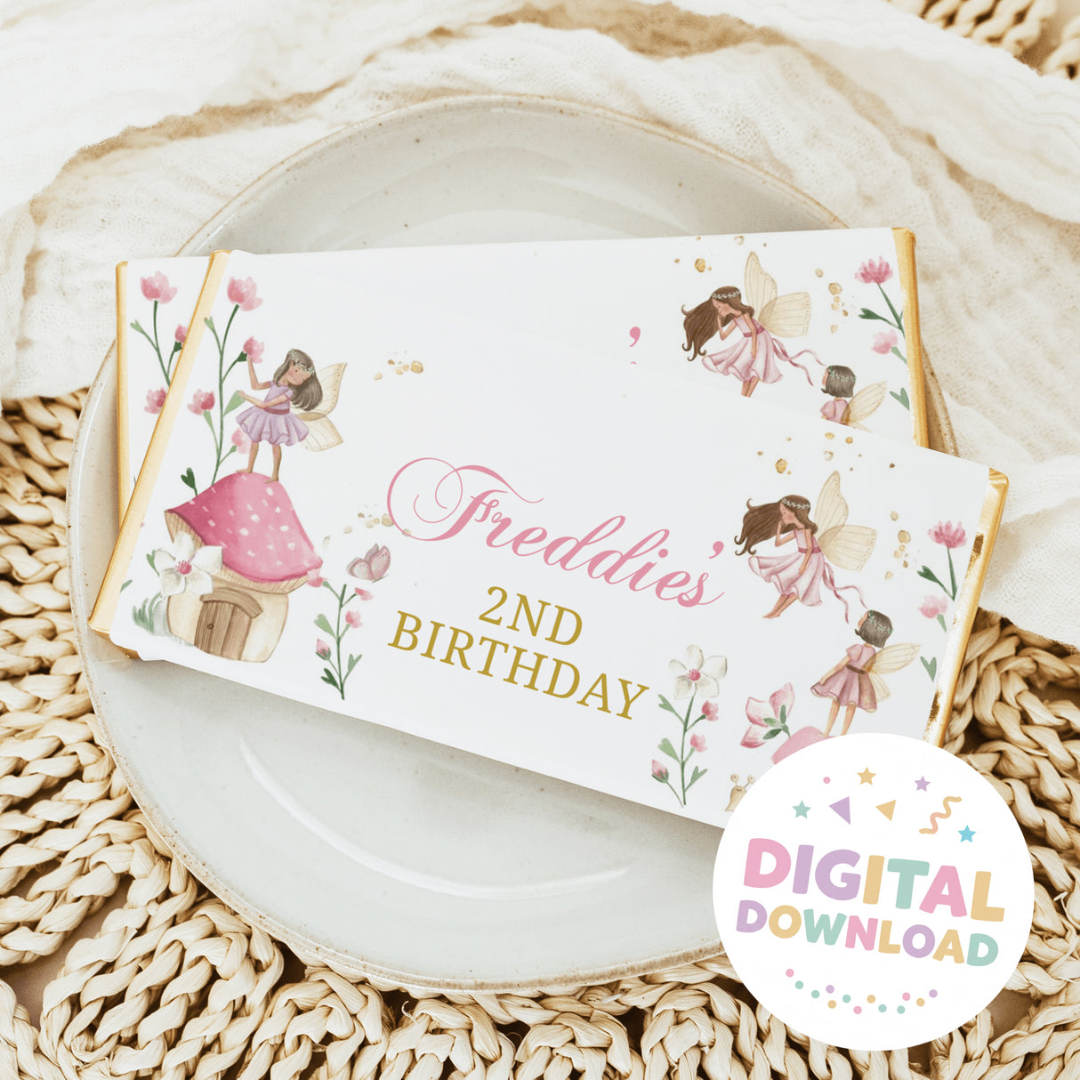 Personalizable 2nd birthday chocolate bar wrapper with fairy illustrations and gold text