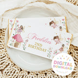 Personalizable 2nd birthday chocolate bar wrapper with fairy illustrations and gold text