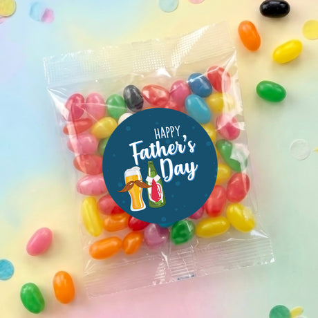Single personalised Father's Day jelly bean bag with dark blue label and colorful candies