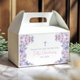 Purple gable favor box with butterfly corners and handle, with christening message