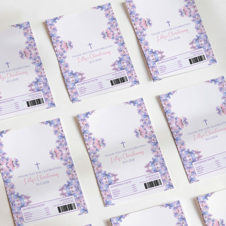 Purple DIY printed chocolate wrappers with floral butterflies and cross, assorted layouts.