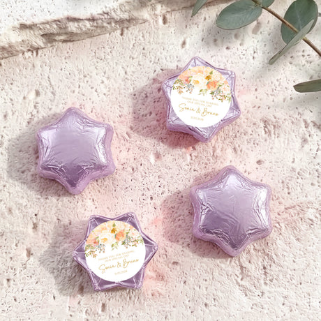 Purple personalised foil-covered chocolate star with floral message card