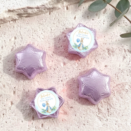 Purple foil star chocolates with Peter Rabbit baby shower label, set of 4