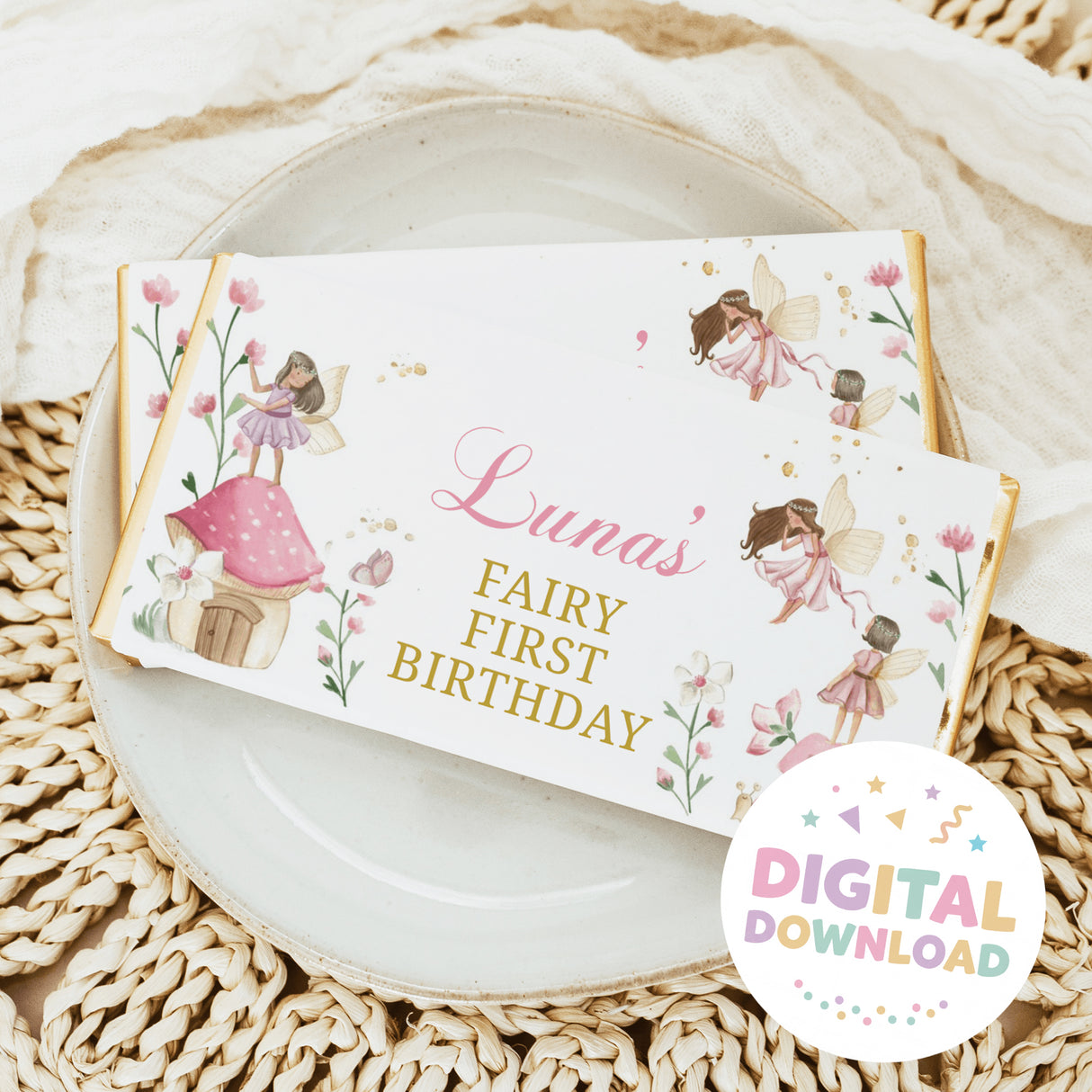 Chocolate bar wrapper with fairy art and text 'Luna's Fairy First Birthday'