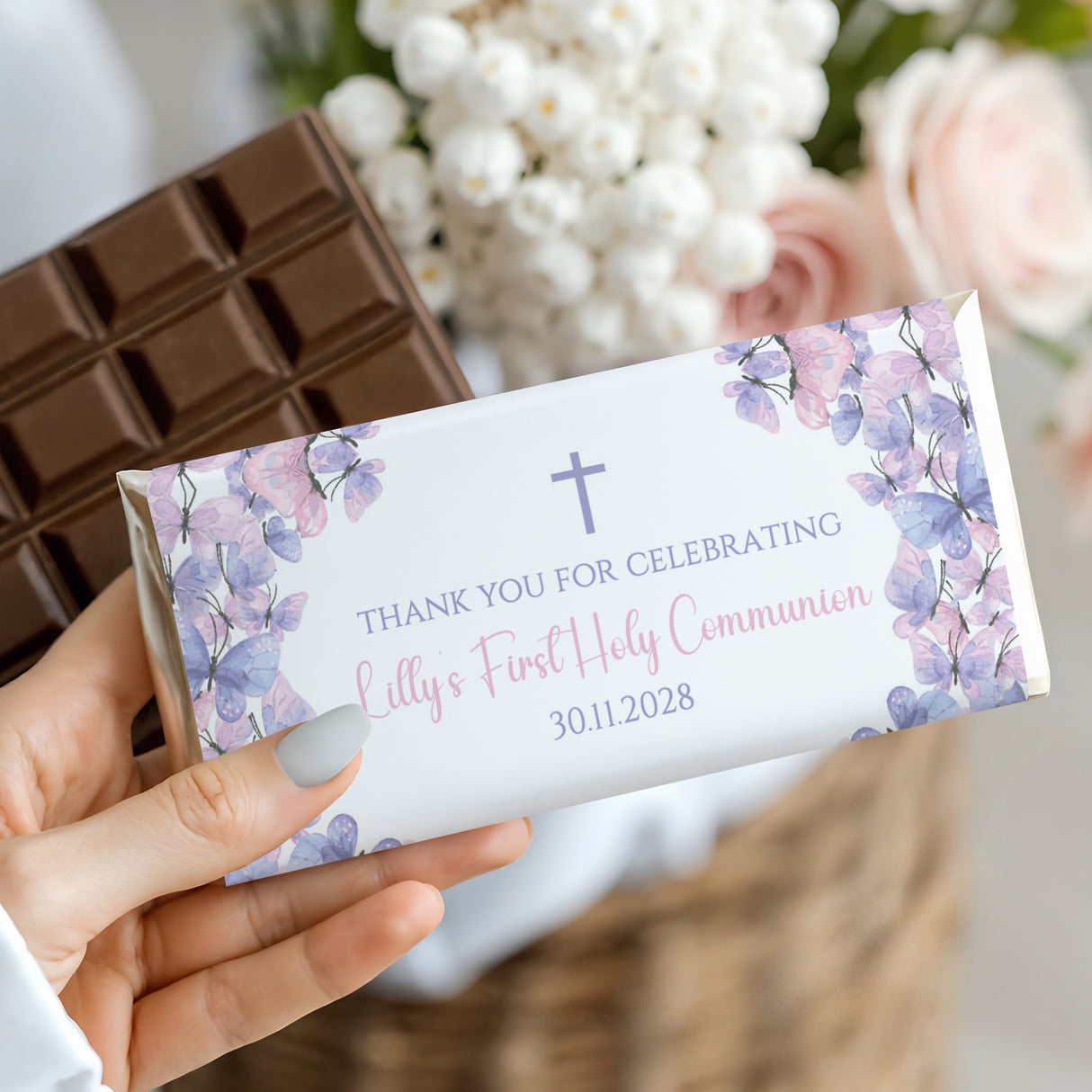 Custom chocolate bar wrapper, purple butterfly border, cross, “Thank you for celebrating”