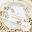 Baptism chocolate bar wrapper with eucalyptus leaves, gold cross, and thank-you text in center