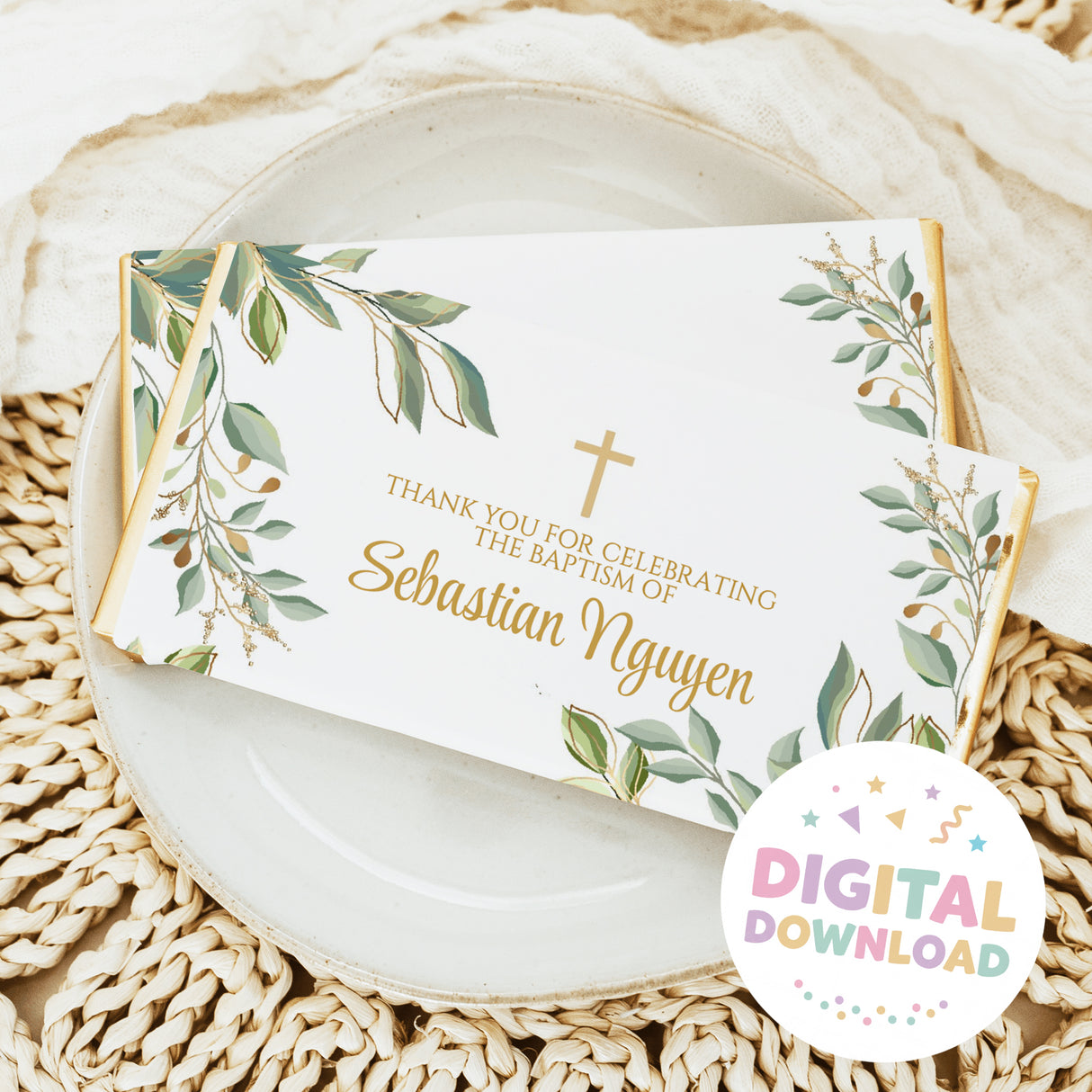 Baptism chocolate bar wrapper with eucalyptus leaves, gold cross, and thank-you text in center