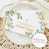 Baptism chocolate bar wrapper with eucalyptus leaves, gold cross, and thank-you text in center