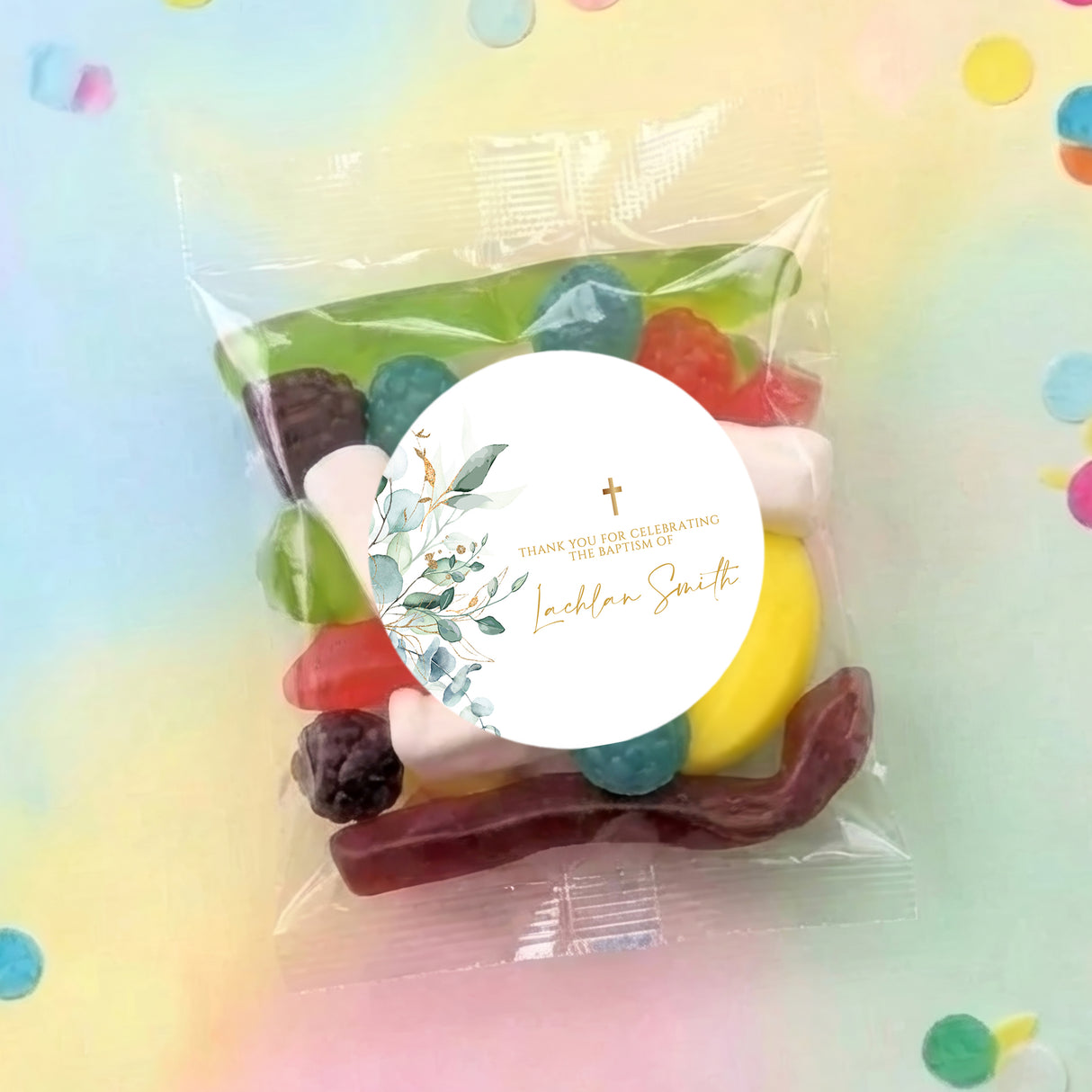 Personalised party lolly bag with colorful sweets and leaf-themed seal
