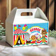 Circus birthday gable favour box, white top with blue circus design and 'George turns four'.