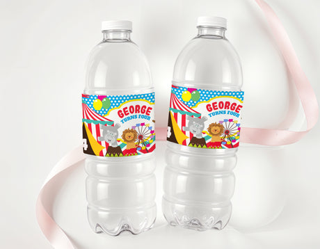 Personalized circus birthday water bottle labels on two clear plastic bottles