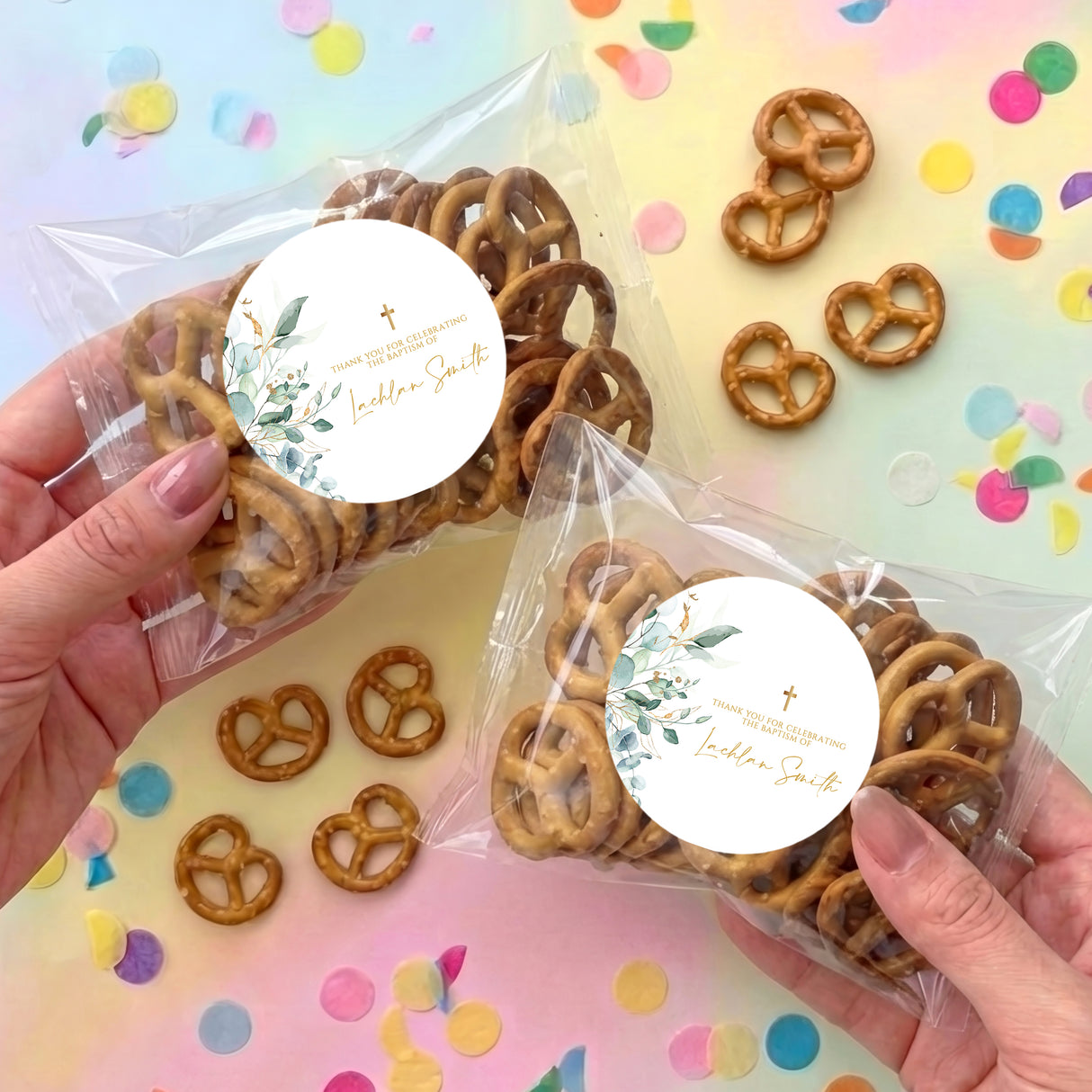 Personalised pretzel bag in clear wrap with brown pretzels and round green-leaf label