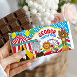 Birthday circus chocolate bar wrapper with George turns four text and bear mascot